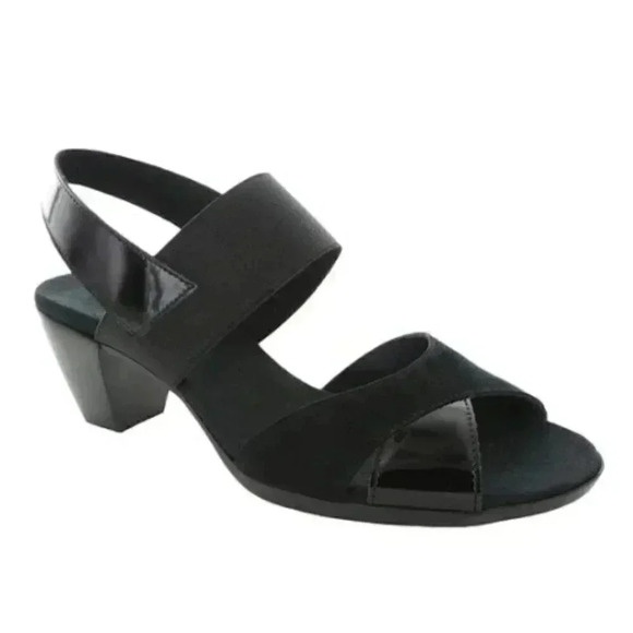 Munro Darling Suede Heels Sandals Open Toe Black Patent Leather Slingback: 9M - Picture 1 of 9